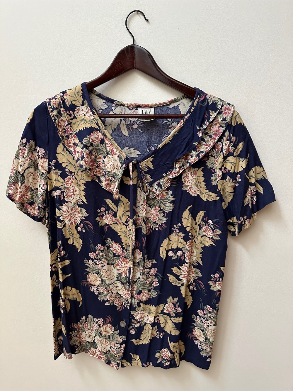 Floral Tie-Neck Navy Short Sleeve Blouse